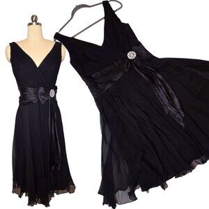 Tadashi Shoji Silk Chiffon Dress 14 Black V-Neck Midi Vintage Formal Cocktail
